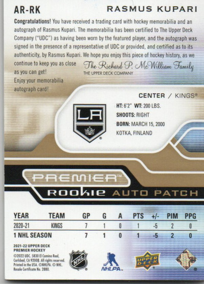  2021-22 UD Premier Acetate RC Patch Auto Gold #ARRK Rasmus Kupari/65