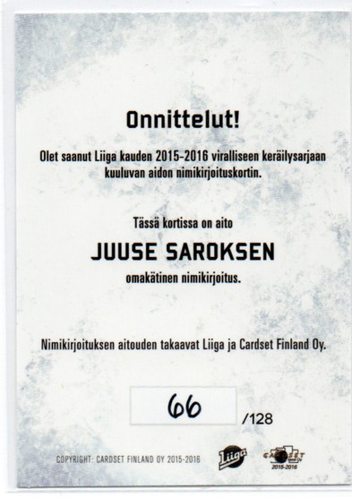 2015-16 Cardset Juuse Saros Signature /128