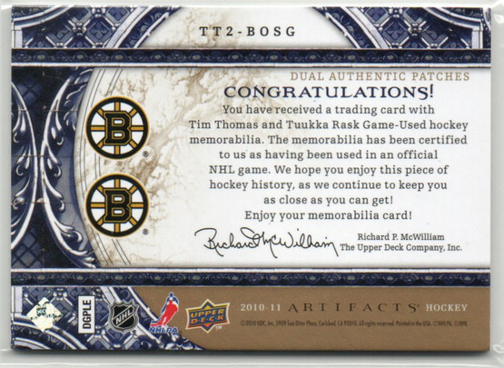  2010-11 Artifacts Patches Gold #TT2BOSG Tim Thomas/Tuukka Rask /15