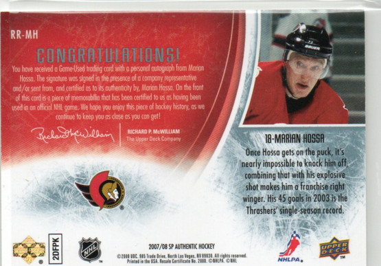 2007-08 SP Authentic RC Review Auto Patches #RRMH Marian Hossa /100