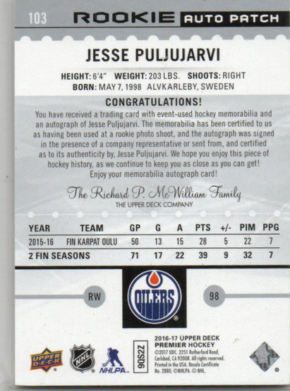 2016-17 Upper Deck Premier #103 Jesse Puljujarvi JSY AU/299 RC