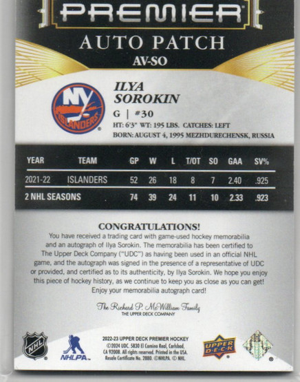  2022-23 Upper Deck Premier Acetate Patch Auto #AVSO Ilya Sorokin/49