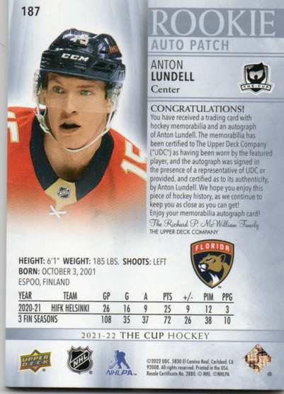  2021-22 The Cup #187 Anton Lundell JSY AU/249 RC