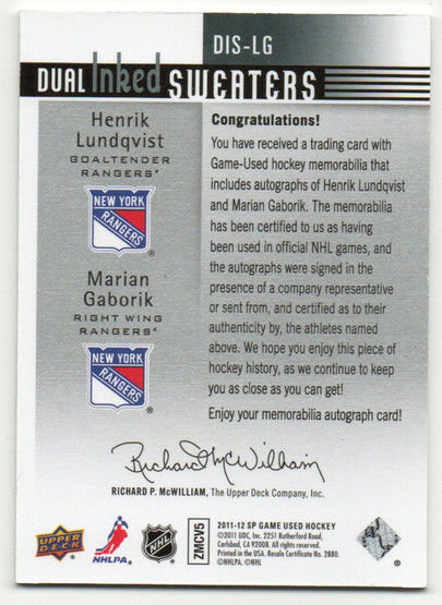  2011-12 SPGU Inked Sweaters Dual #DISLG Lundqvist/ Gaborik /15