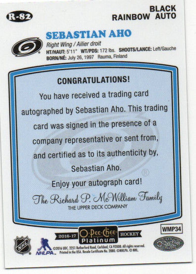  2016-17 O-Pee-Chee Platinum Rainbow Black #R82 Sebastian Aho AU F