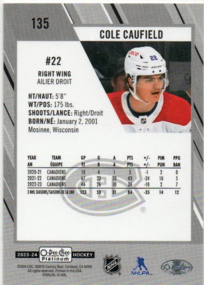  2023-24 O-Pee-Chee Platinum NHL Shield Variant #135 Cole Caufield