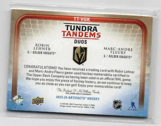  2023-24 Artifacts Tundra Tandems Premium #TTVGK Lehner/ Fleury /15