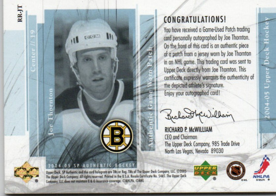  2004-05 SP Authentic RC Review Auto Patches #RRJT Joe Thornton /100