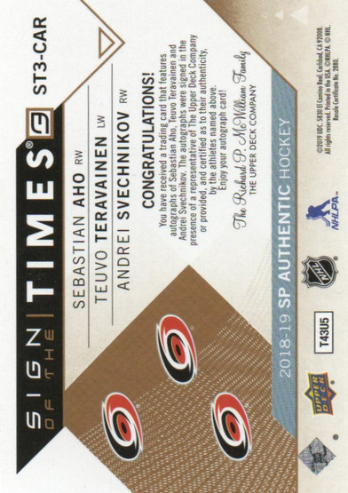  2018-19 SPA  SOT Triples #ST3CAR  Aho/Teravainen/Rask /15