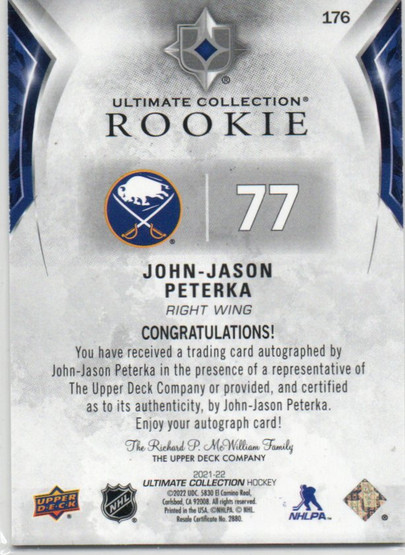  2021-22 Ultimate Collection #176 J.J. Peterka AU/299 RC