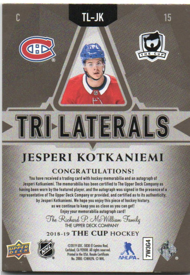  2018-19 The Cup Trilaterals  Black  #TLJK Jesperi Kotkaniemi AU/13