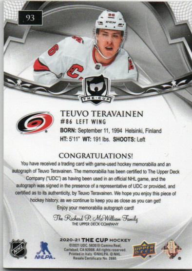  2020-21 The Cup Black Shield #93 Teuvo Teravainen AU 1/1