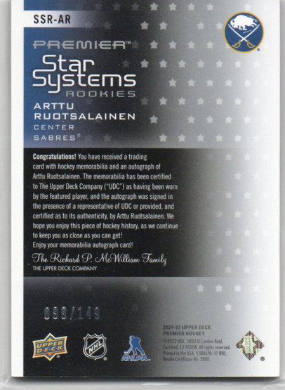  2021-22 UD Premier Star Sys RC Patch AU #SSRAR Arttu Ruotsalainen/149