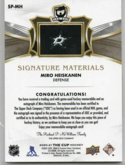  2020-21 The Cup Signature Materials #SPMH Miro Heiskanen/99