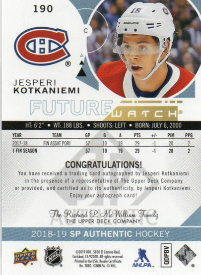  2018-19 SP Authentic Future Watch Inscriptions #190 Jesperi Kotkaniemi/50*
