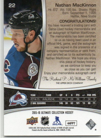  2015-16 Ultimate Collection Spectrum Silver #22 Nathan MacKinnon JSY AU/99