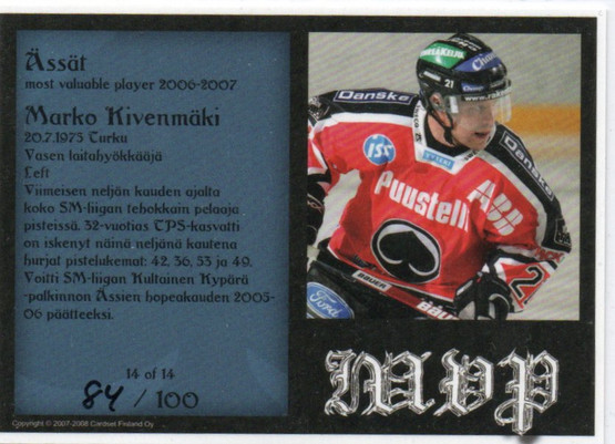 2007-08 Cardset Marko Kivenmäki MVP /100