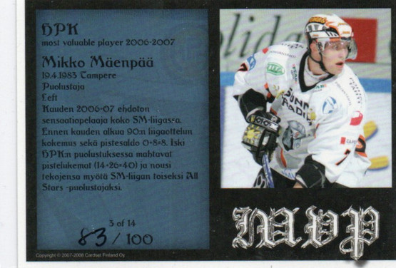 2007-08 Cardset Mikko Mäenpää MVP /100