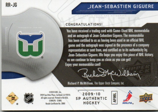 2009-10 SP Authentic Rookie Review Autographed Patches #RRJG Jean-Sebastian Giguere/100/(inserted in 2013-14 SP Authentic) /100