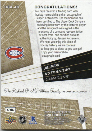  2018-19 SPX '08-09 Retro Rookies Autographs Gold #08AJK Jesperi Kotkaniemi /25