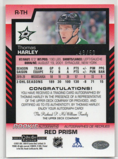  2020-21 O-Pee-Chee Platinum Rookie Autographs Red Prism #RTH Thomas Harley /50
