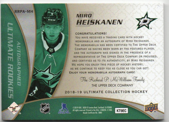 2018-19 Upper Deck Ultimate Retro Rookie Patch Auto Miro Heiskanen /49