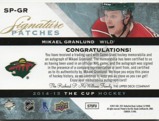 2014-15 The Cup Signature Patches #SPGR Mikael Granlund/99