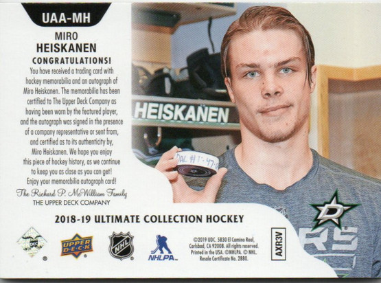 2018-19 Ultimate Collection Ultimate Access Material Autographs Premium Copper #UAAMH Miro HeiskanenTeam: Dallas Stars /25