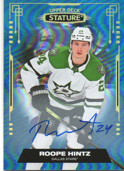  2021-22 Upper Deck Stature Photo Variant Autographs Blue #28 Roope Hintz /3