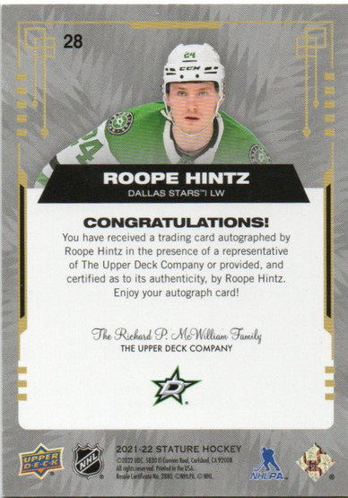  2021-22 Upper Deck Stature Photo Variant Autographs Blue #28 Roope Hintz /3