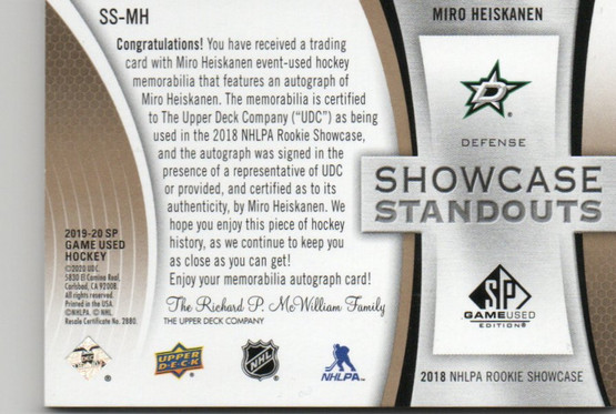  2019-20 SP Game Used Showcase Standouts Patch Autographs #SSMH Miro Heiskanen /10