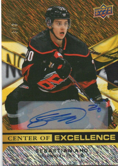  2020-21 Upper Deck Overtime Center of Excellence Autographs Gold Rainbow #CE5 Sebastian Aho /3
