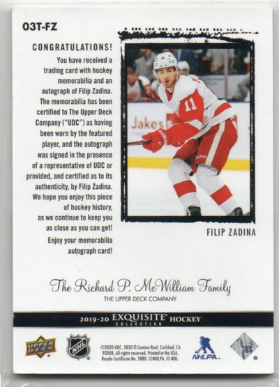  2019-20 Exquisite Collection '03-04 Rookie Tribute Patch Autographs #03TFZ Filip Zadina /25