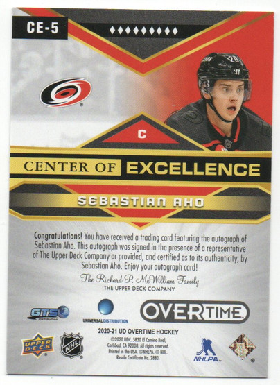  2020-21 Upper Deck Overtime Center of Excellence Autographs Gold Rainbow #CE5 Sebastian Aho /3