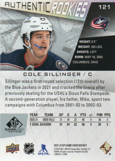  2021-22 SP Game Used #121 Cole Sillinger/34 RC