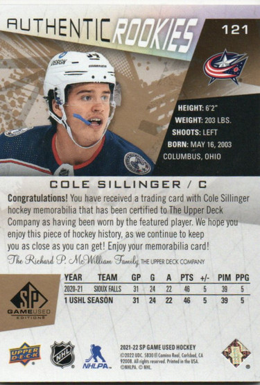  2021-22 SP Game Used Gold Premium Memorabilia #121 Cole Sillinger/15