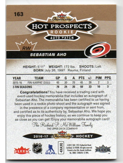  2016-17 Fleer Showcase Hot Prospects Autograph Patches #163 Sebastian Aho/135 RC