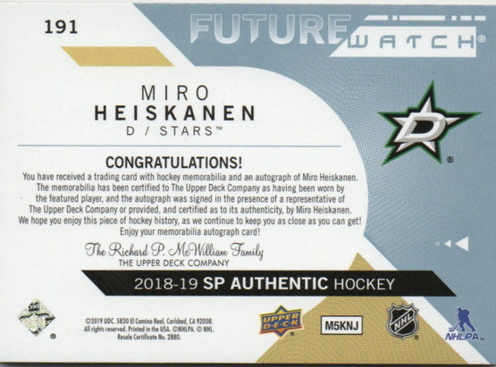  2018-19 SP Authentic Limited Patch Autographs #191 Miro Heiskanen FW/100 RC