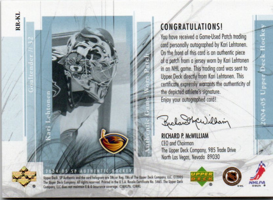  2004-05 SP Authentic Rookie Review Autographed Patches #RRKL Kari Lehtonen /100