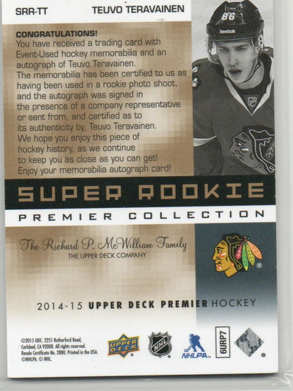 2014-15 Upper Deck Premier 02-03 Tribute Rookies Autographs Patches Gold #SRRTT Teuvo Teravainen /15