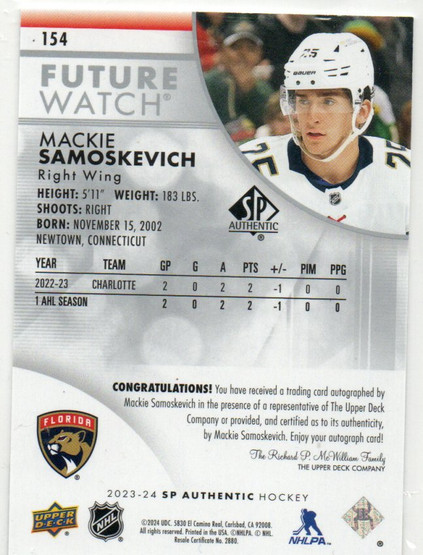 2023 SP AUTHENTIC #154 MACKIE SAMOSKEVICH FUTURE WATCH AUTO ROOKIE RC /999