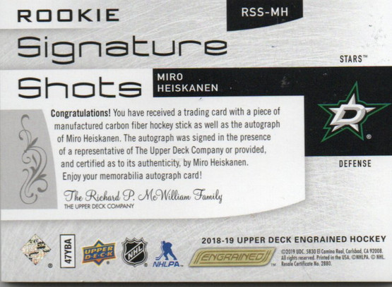  2018-19 Upper Deck Engrained Rookie Signature Shots Blue Ink #RSSMH Miro Heiskanen/25