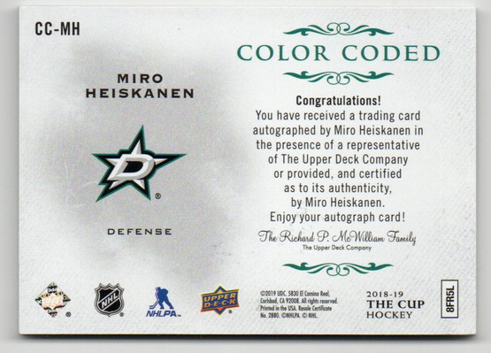  2018-19 The Cup Color Coded Autographs #CCMH Miro Heiskanen/33 RC