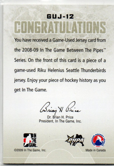 2008-09 Between The Pipes Jerseys Gold #GUJ12 Riku Helenius /10