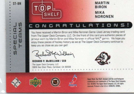  2002-03 UD Top Shelf Dual Player Jerseys #STBN Martin Biron/Mika Noronen /99