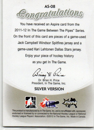  2011-12 Between The Pipes Aspire Jerseys Silver #AS08 Jack Campbell/Kari Lehtonen /140