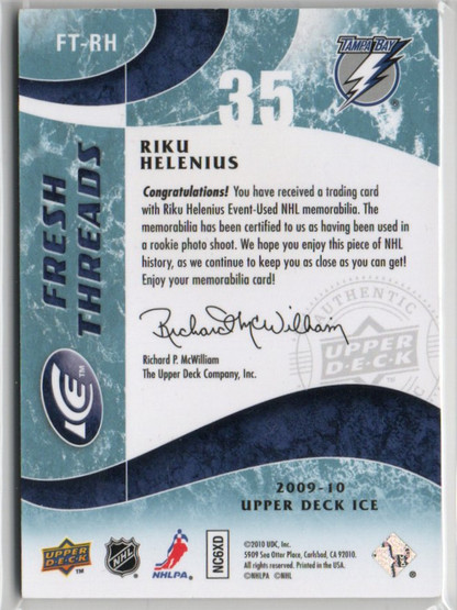  2009-10 Upper Deck Ice Fresh Threads Patches #FTRH Riku Helenius /15