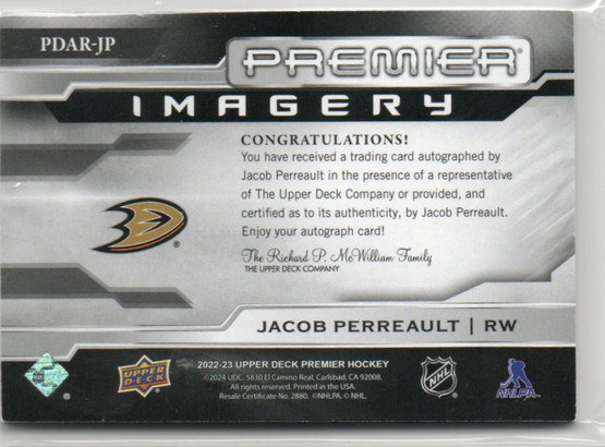 2022-23 Upper Deck Premier Premier Dynamic Imagery Rookie Autographs Black #PDARJP Jacob Perreault/15