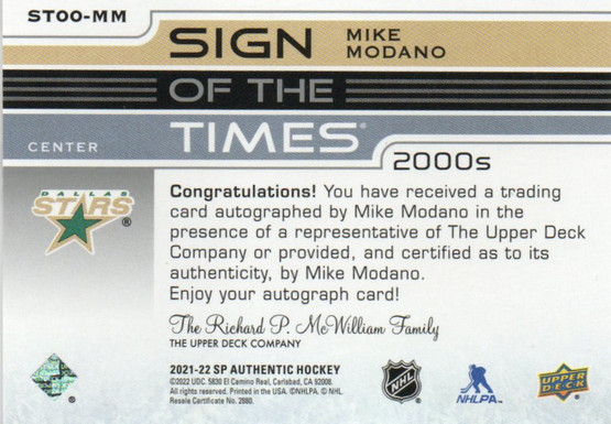  2021-22 SP Authentic Sign of the Times 2000s #ST00MM Mike Modano B