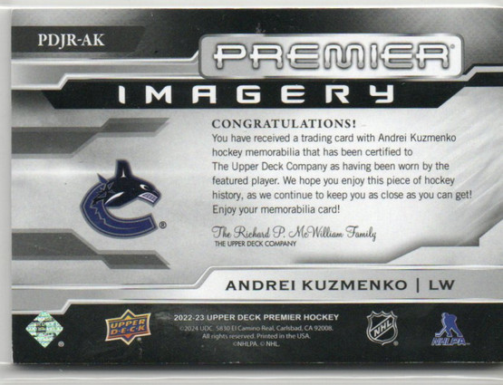 2022-23 Upper Deck Premier Premier Dynamic Imagery Rookie Jerseys Patch Black #PDJRAK Andrei Kuzmenko /75